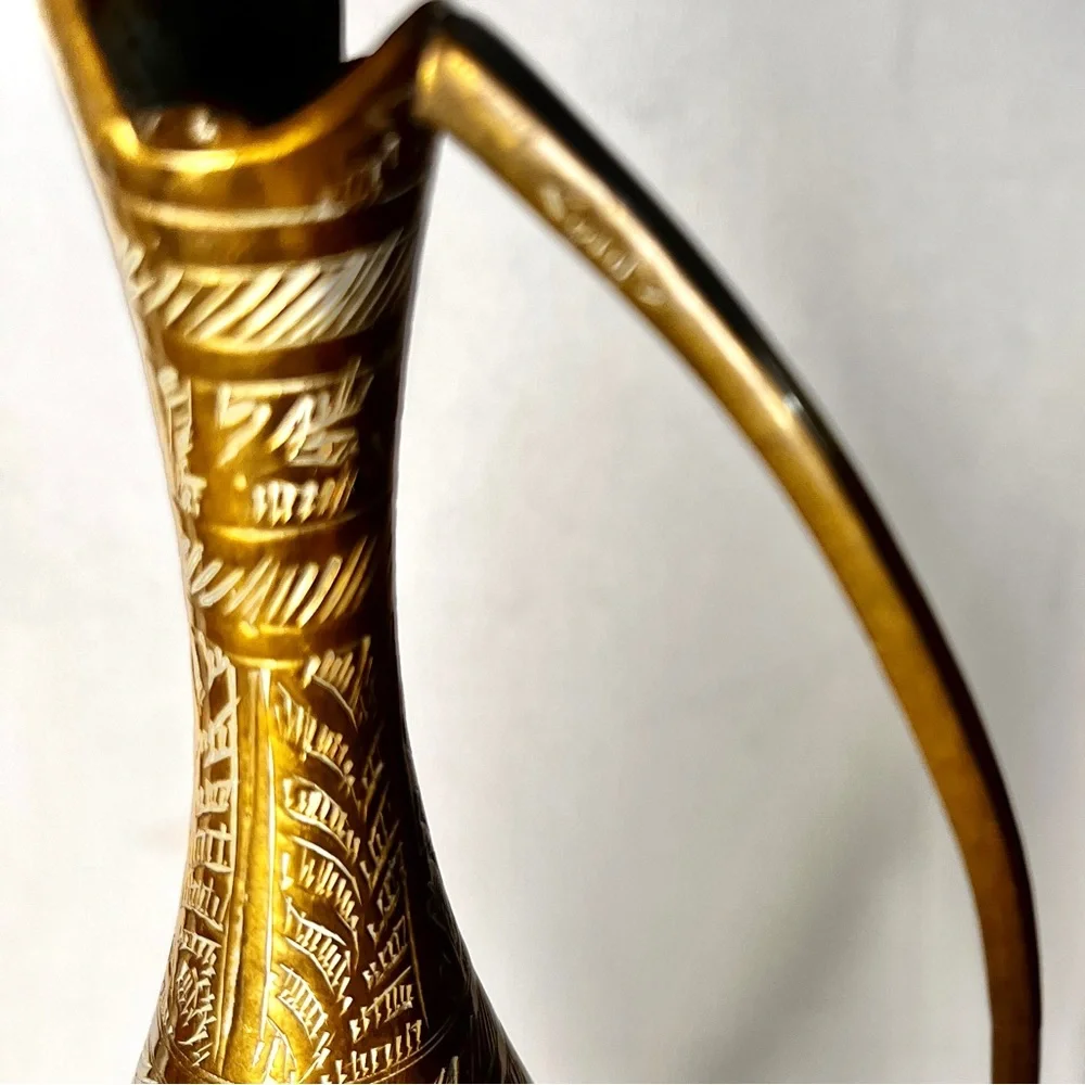 BMI Signed Vintage Etched Solid Brass Pitcher Urn Vase Approximately 12 In Tall